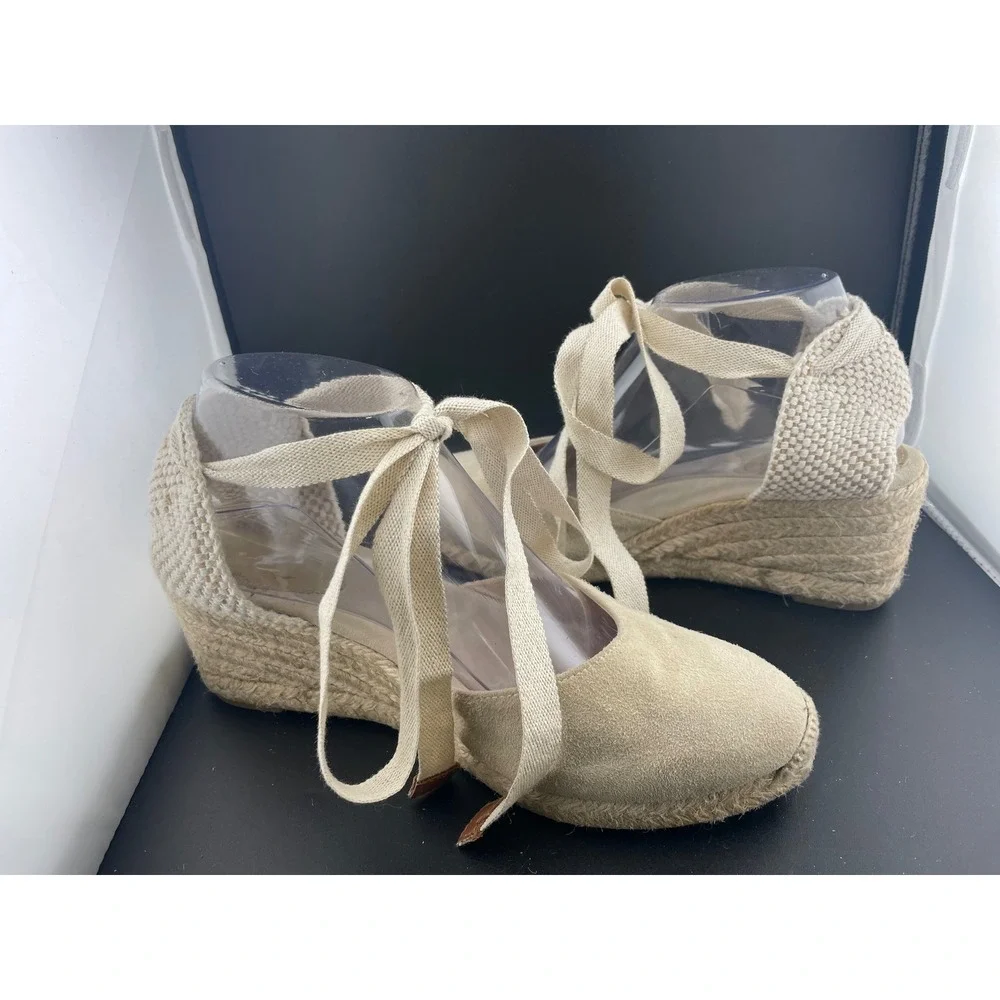 Boden Suede Lace Up Espadrille Wedges Beige Tan Ankle Tie Spain EU 39 US 8.5 9